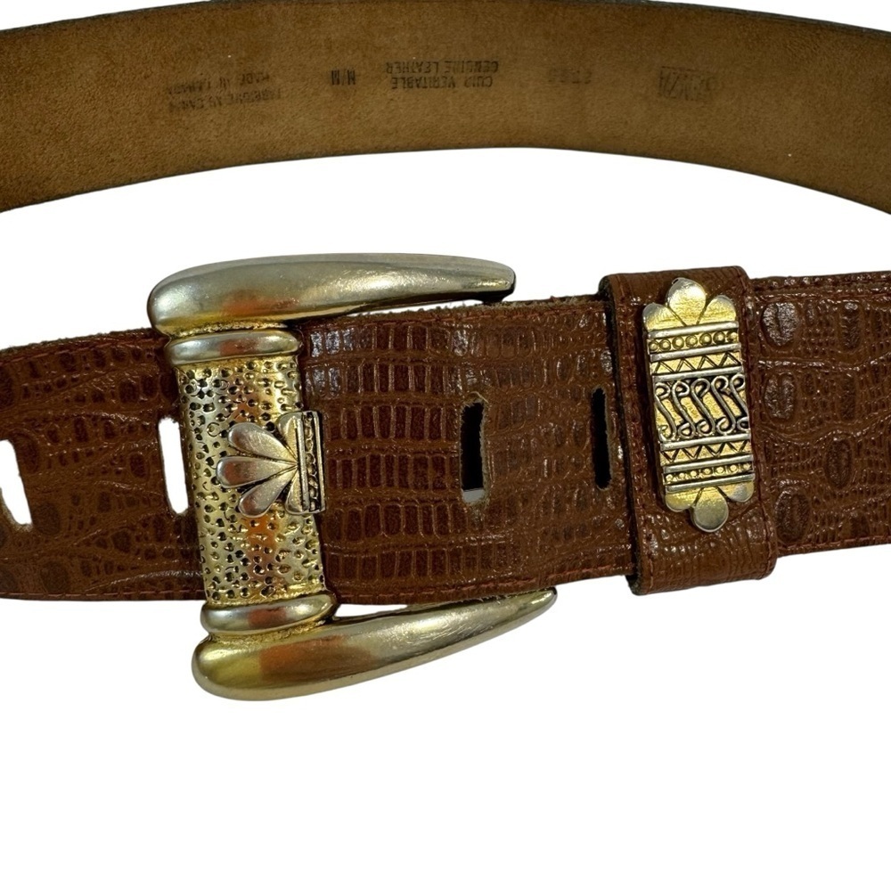Vintage Leather Wide Accent Belt Sz M Brown Gold Toned Buckle Faux Croc Reptile